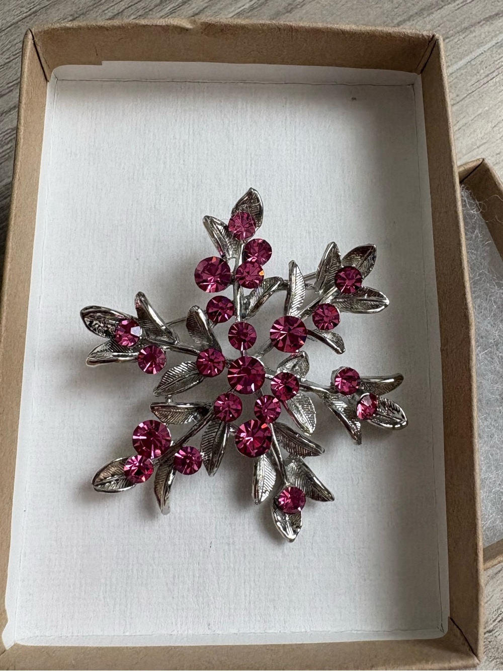 Silver-Tone Floral Snowflake Brooch with Pink Crystals